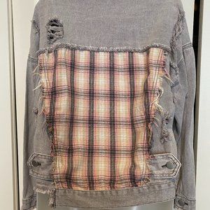 POL Denim Distressed Jean Jacket w/Plaid Inlay